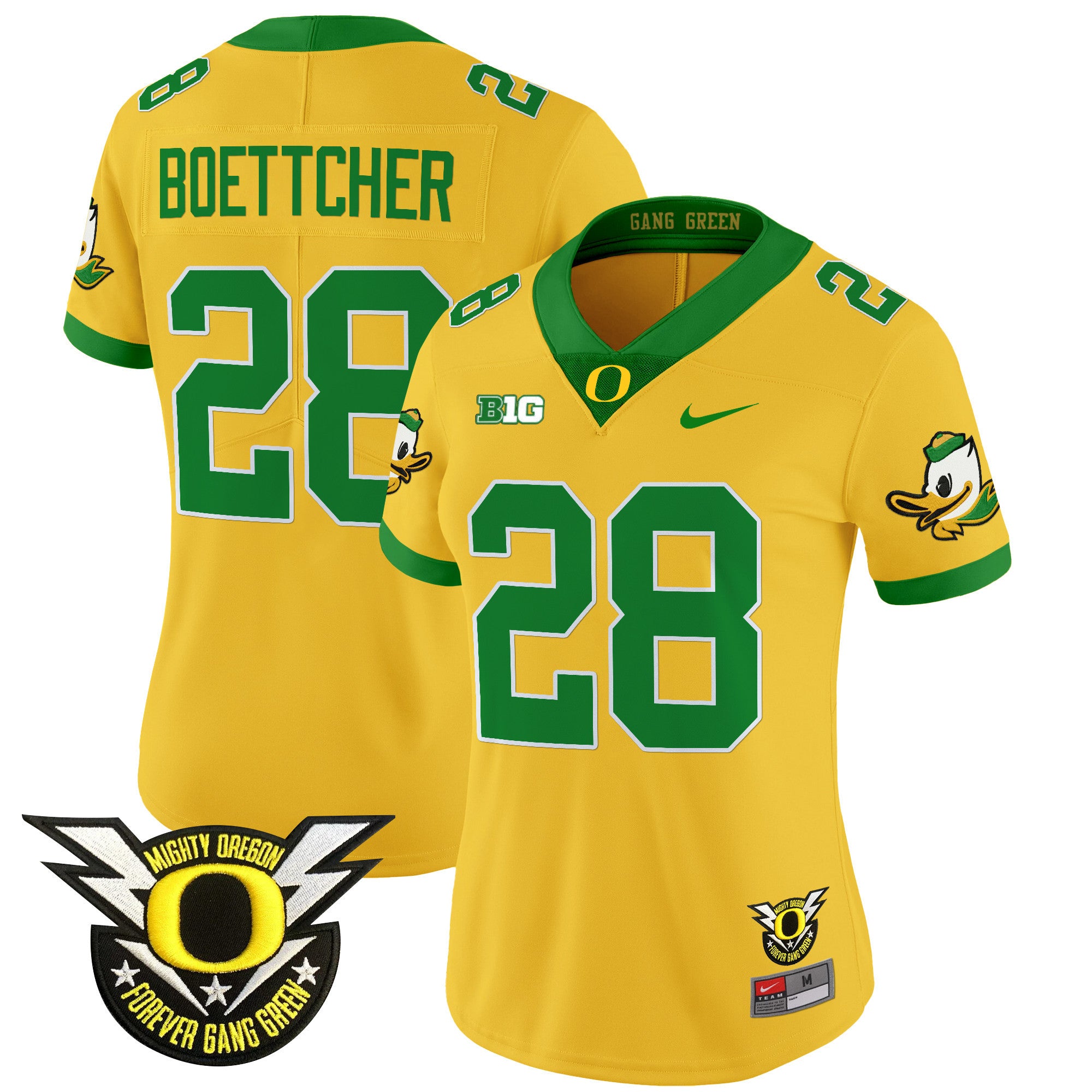 Women's Oregon Ducks 2024 Forever Gang Green & BIG Patch Vapor Limited Jersey - All Stitched - Gold, Bryce Boettcher