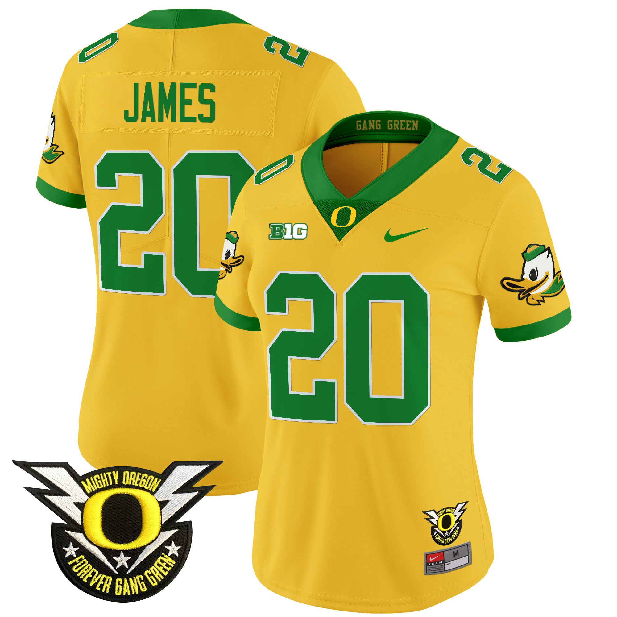 Women's Oregon Ducks 2024 Forever Gang Green & BIG Patch Vapor Limited Jersey - All Stitched - Gold, Jordan James