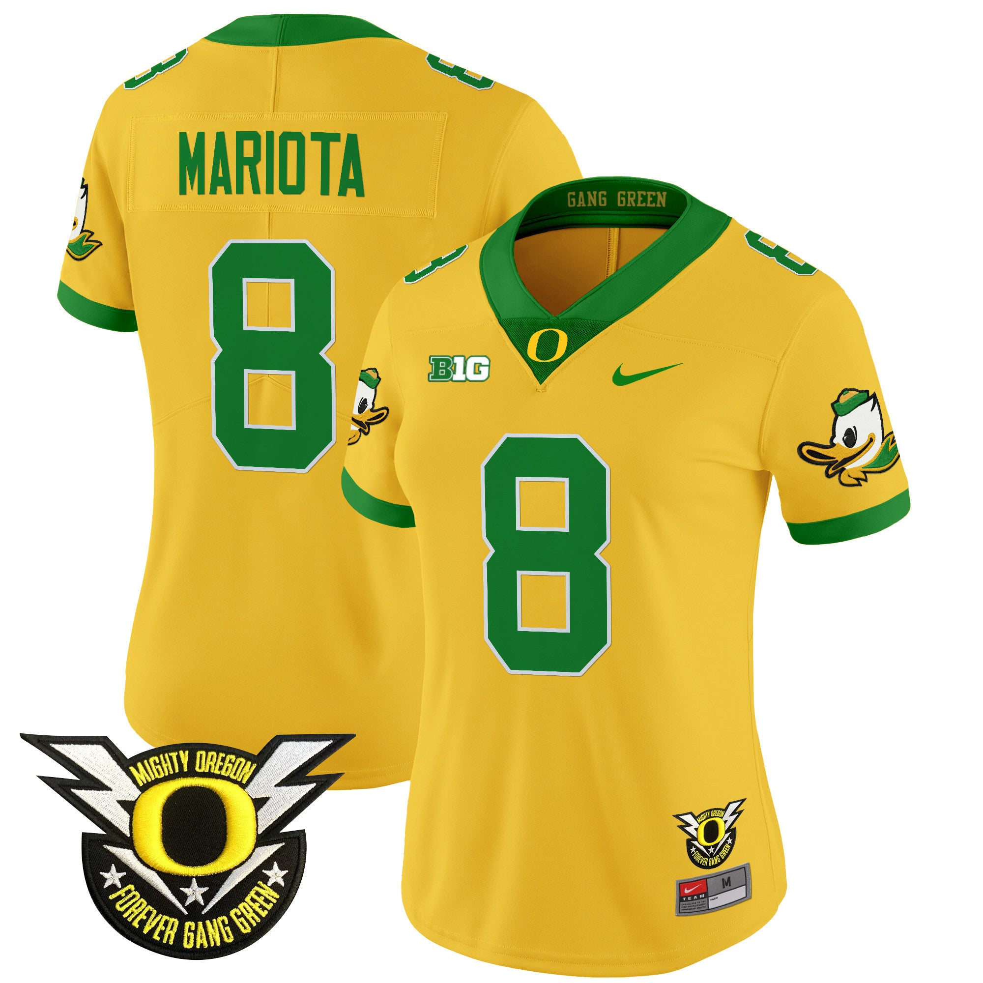 Women's Oregon Ducks 2024 Forever Gang Green & BIG Patch Vapor Limited Jersey - All Stitched - Gold, Marcus Mariota