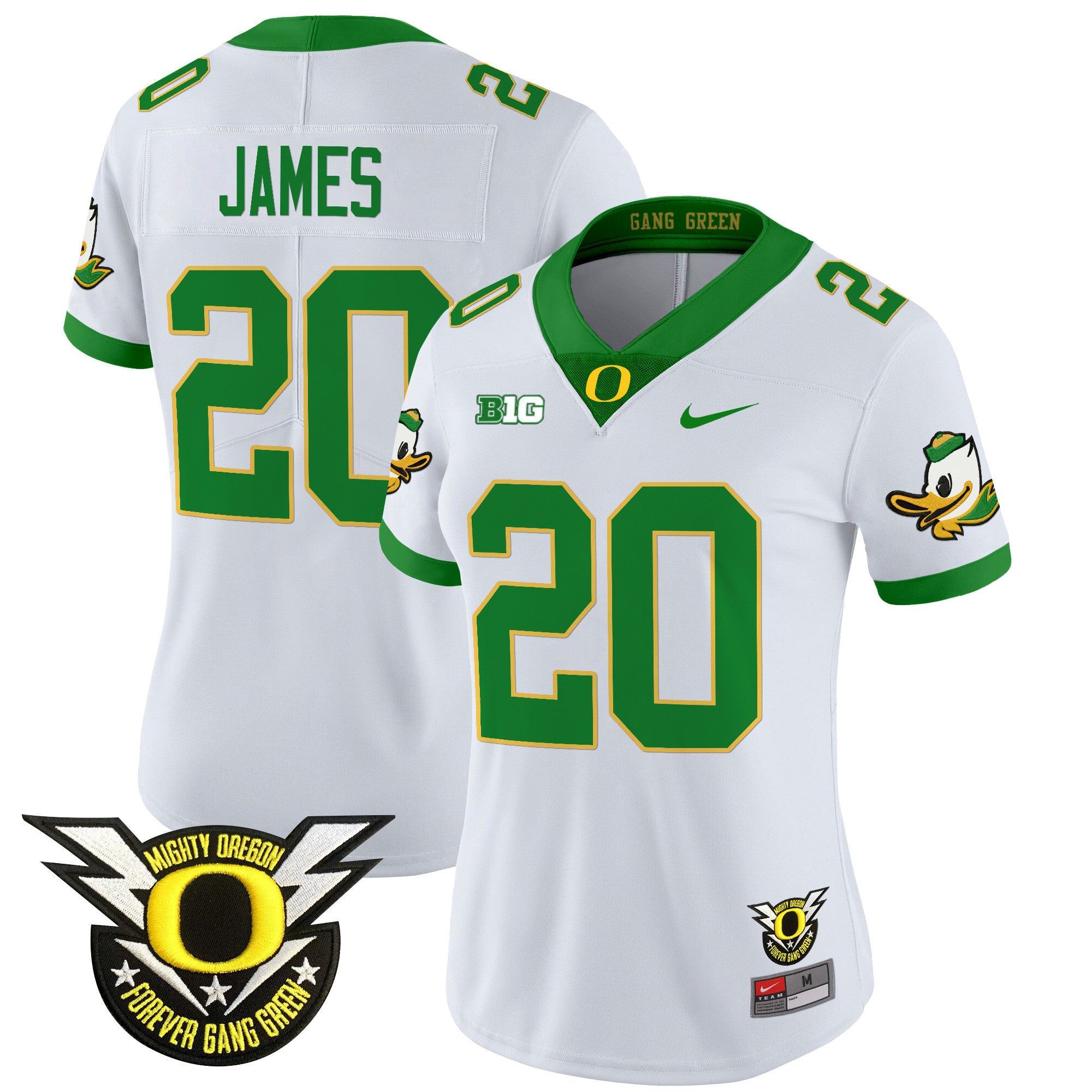 Women's Oregon Ducks 2024 Forever Gang Green & BIG Patch Vapor Limited Jersey - All Stitched - White, Jordan James
