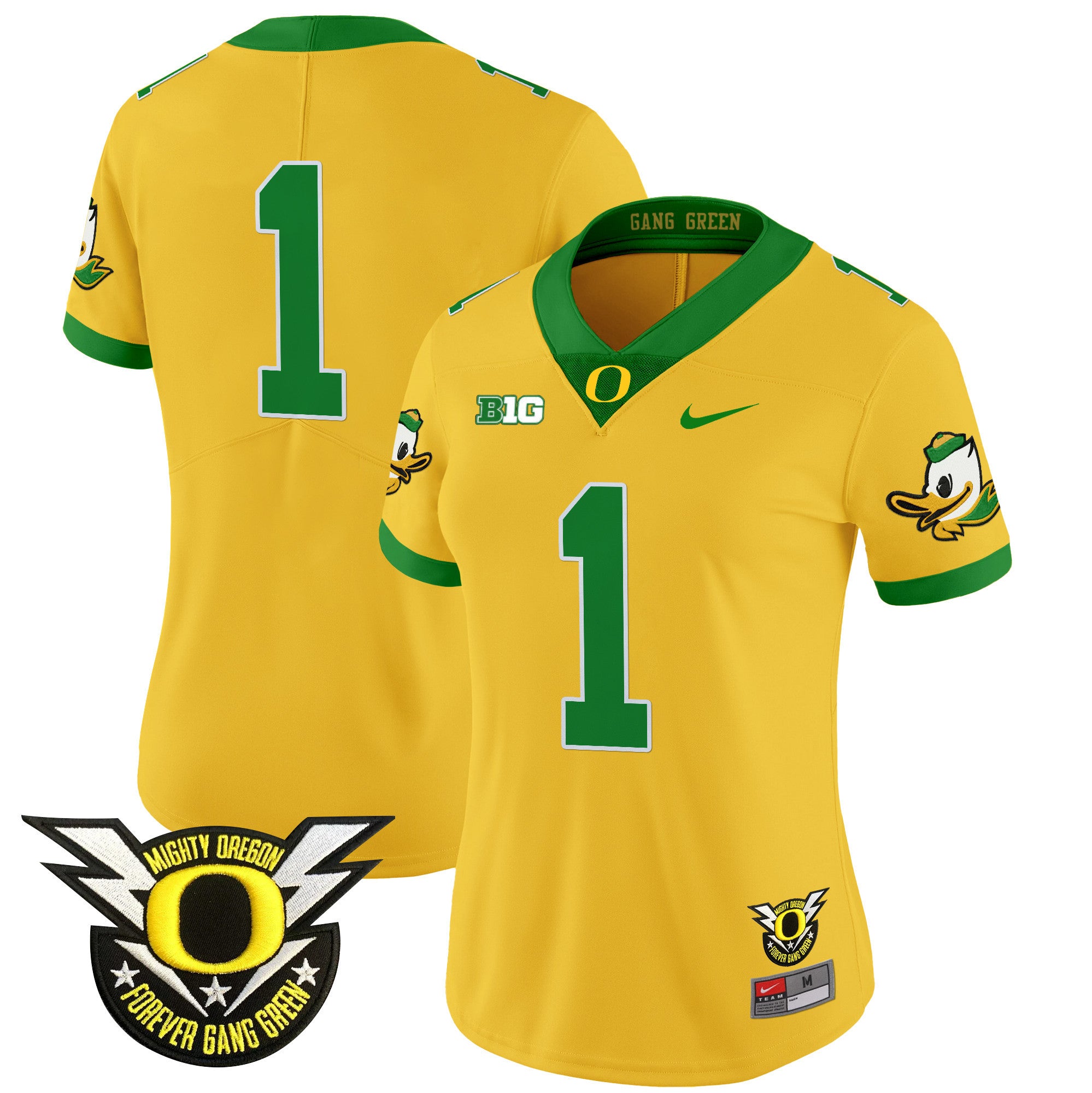 Women's Oregon Ducks 2024 Forever Gang Green & BIG Patch Vapor Limited Jersey - All Stitched - Gold, #1 Team